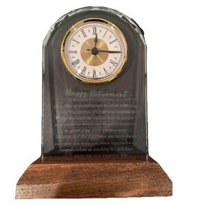 NIB Glass Retirement Clock with Wooden‎ Light Base - Happy Retirement Plaque